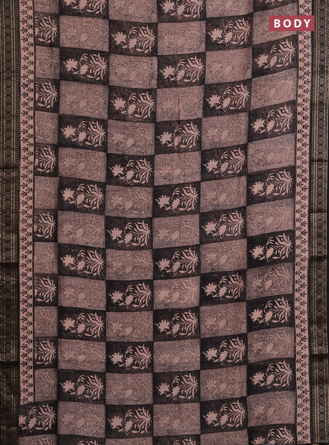 Chanderi silk cotton saree peach shade and black with allover prints and thread woven border
