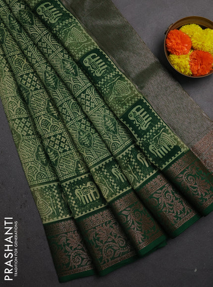 Chanderi silk cotton saree light green and green with allover prints and banarasi style border