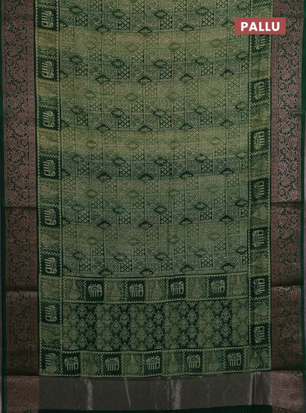 Chanderi silk cotton saree light green and green with allover prints and banarasi style border