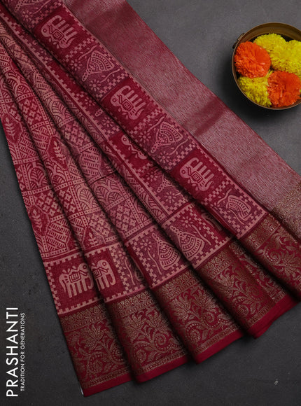 Chanderi silk cotton saree magenta pink with allover prints and banarasi style border