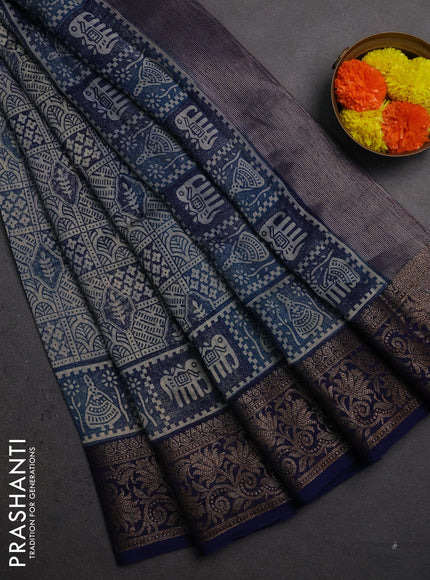Chanderi silk cotton saree blue with allover prints and banarasi style border