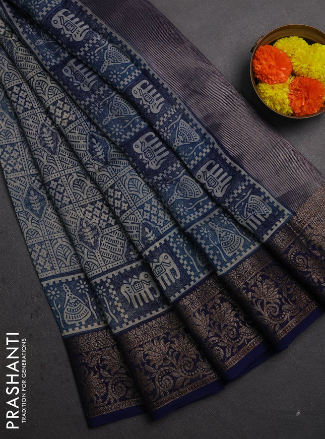Chanderi silk cotton saree blue with allover prints and banarasi style border