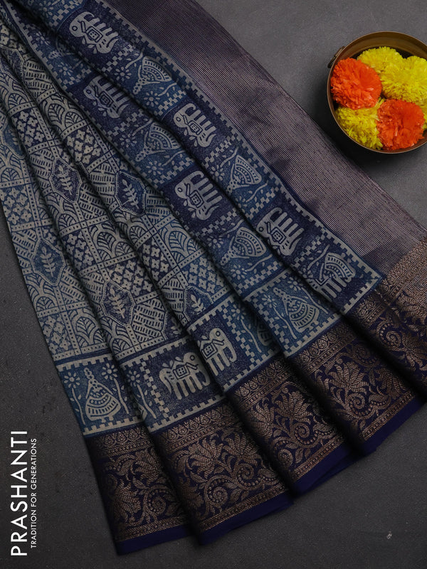 Chanderi silk cotton saree blue with allover prints and banarasi style border