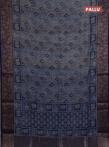 Chanderi silk cotton saree blue with allover prints and banarasi style border