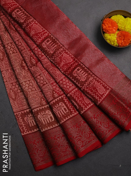 Chanderi silk cotton saree red with allover prints and banarasi style border