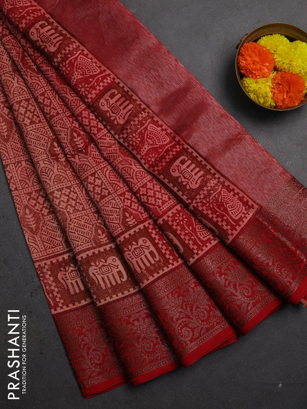 Chanderi silk cotton saree red with allover prints and banarasi style border