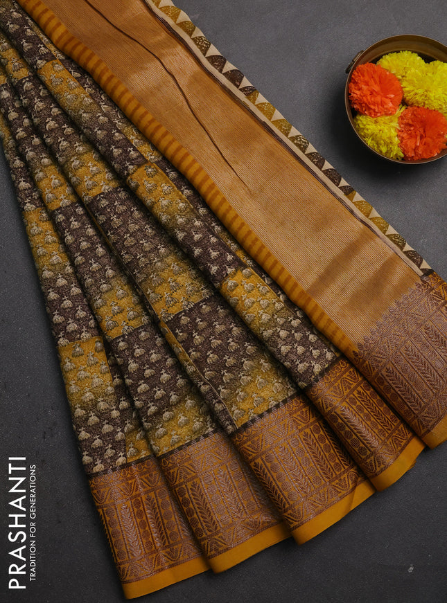 Chanderi silk cotton saree coffee brown and mustard yellow with allover prints and banarasi style border