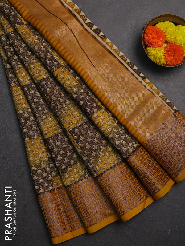 Chanderi silk cotton saree coffee brown and mustard yellow with allover prints and banarasi style border