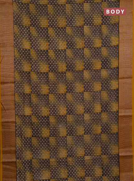 Chanderi silk cotton saree coffee brown and mustard yellow with allover prints and banarasi style border