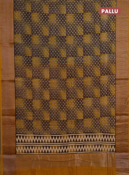 Chanderi silk cotton saree coffee brown and mustard yellow with allover prints and banarasi style border