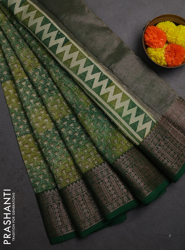 Chanderi silk cotton saree green with allover prints and banarasi style border