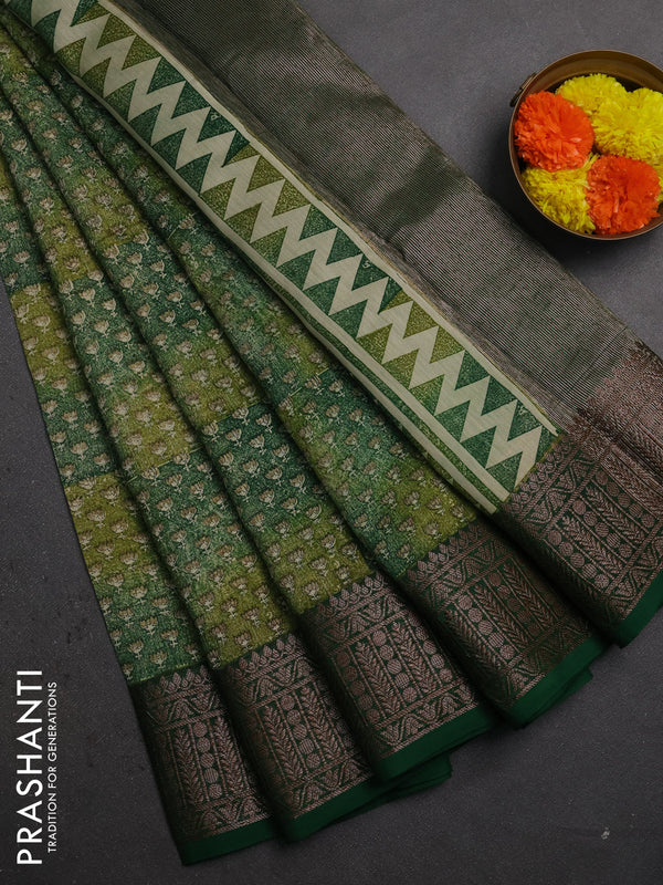 Chanderi silk cotton saree green with allover prints and banarasi style border