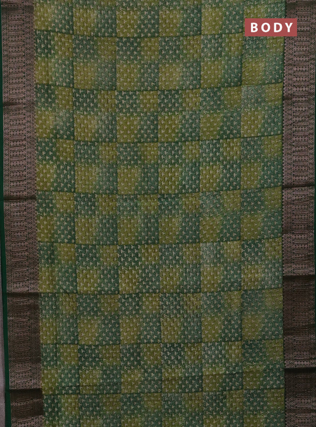 Chanderi silk cotton saree green with allover prints and banarasi style border