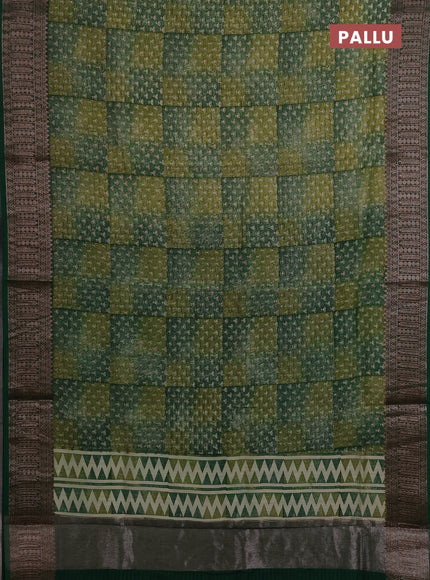 Chanderi silk cotton saree green with allover prints and banarasi style border