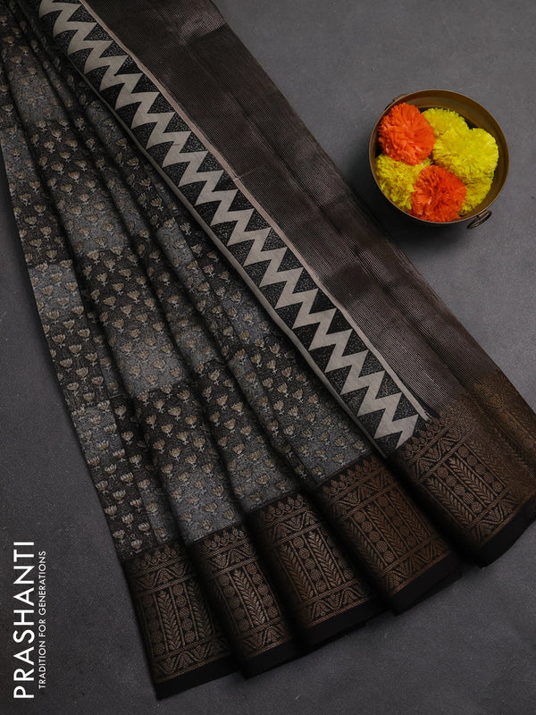 Chanderi silk cotton saree black with allover butta prints and banarasi style border