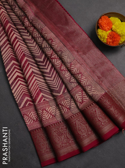 Chanderi silk cotton saree peach shade and magenta pink with allover zigzag prints and banarasi style border