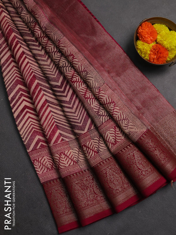 Chanderi silk cotton saree peach shade and magenta pink with allover zigzag prints and banarasi style border