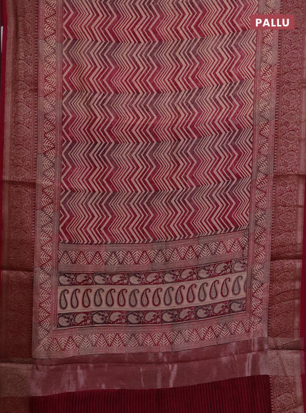Chanderi silk cotton saree peach shade and magenta pink with allover zigzag prints and banarasi style border