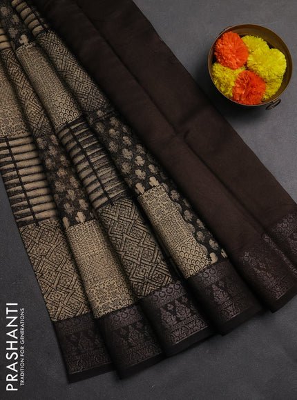Chanderi silk cotton saree peach shade and black with allover prints and banarasi style border