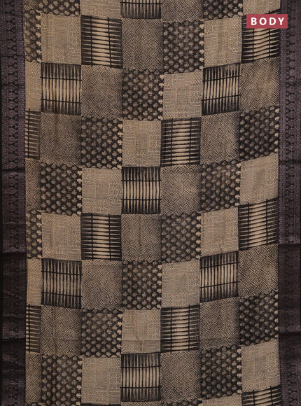 Chanderi silk cotton saree peach shade and black with allover prints and banarasi style border