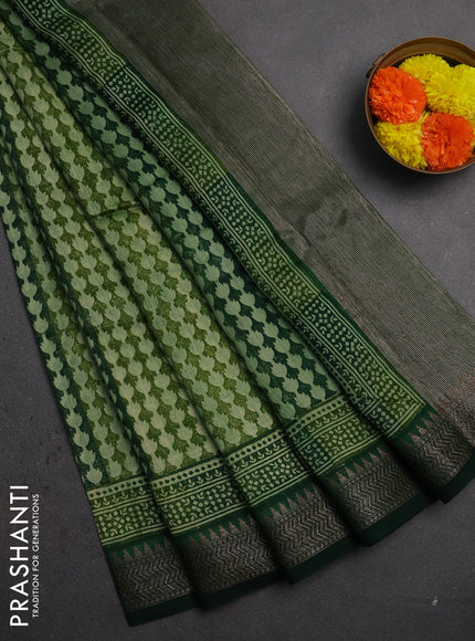 Chanderi silk cotton saree green with allover prints and banarasi style border