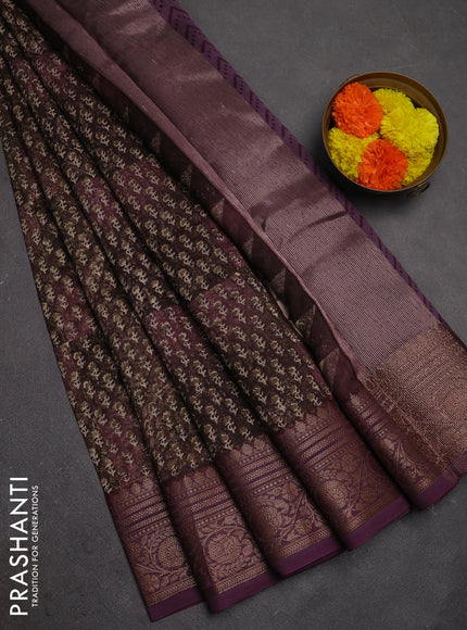 Chanderi silk cotton saree coffee brown and wine shade with allover prints and banarasi style border