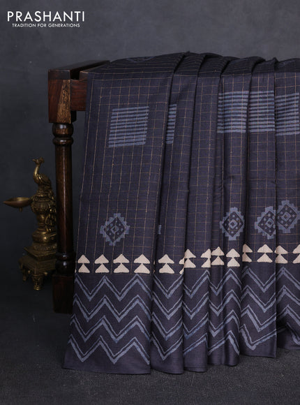 Pure tussar silk saree black with allover zari checks & butta prints and printed pallu & border