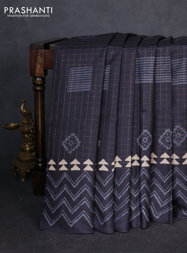Pure tussar silk saree black with allover zari checks & butta prints and printed pallu & border