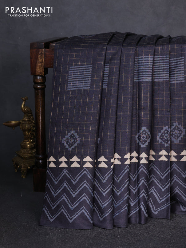 Pure tussar silk saree black with allover zari checks & butta prints and printed pallu & border