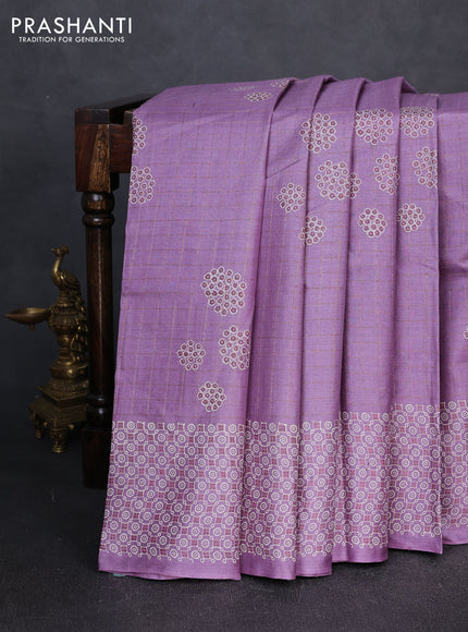 Pure tussar silk saree lilac with allover zari checks & butta prints and printed pallu & border