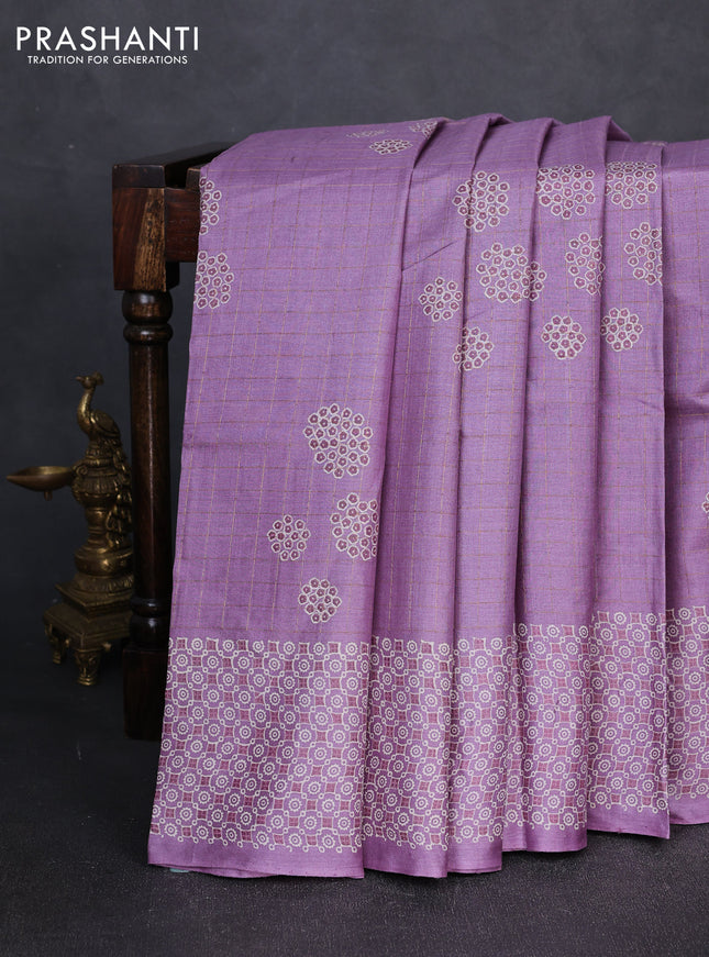 Pure tussar silk saree lilac with allover zari checks & butta prints and printed pallu & border