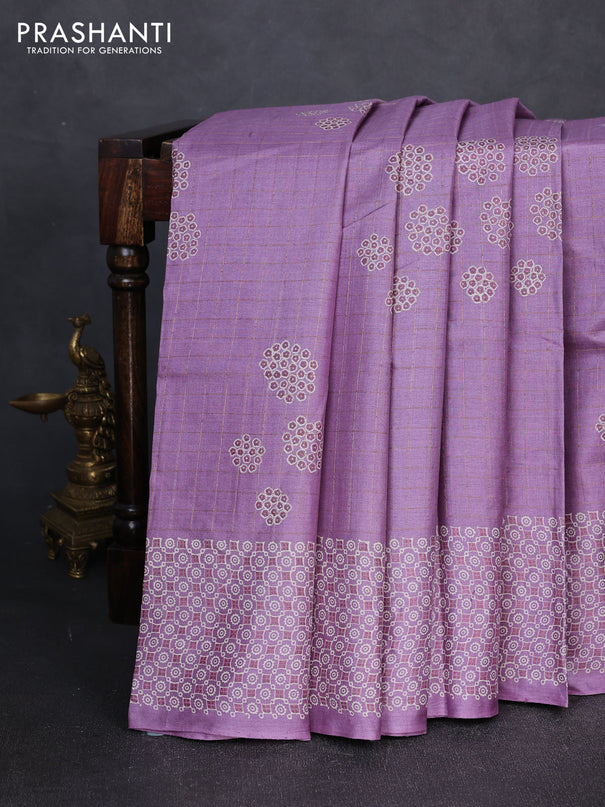 Pure tussar silk saree lilac with allover zari checks & butta prints and printed pallu & border