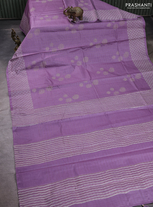 Pure tussar silk saree lilac with allover zari checks & butta prints and printed pallu & border