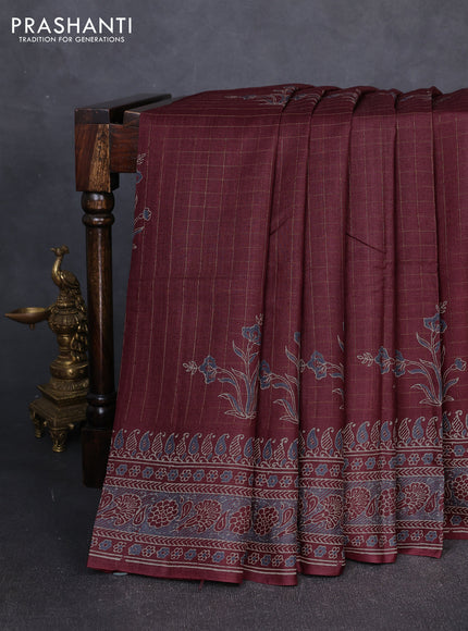 Pure tussar silk saree deep maroon with allover zari checks & butta prints and printed pallu & border