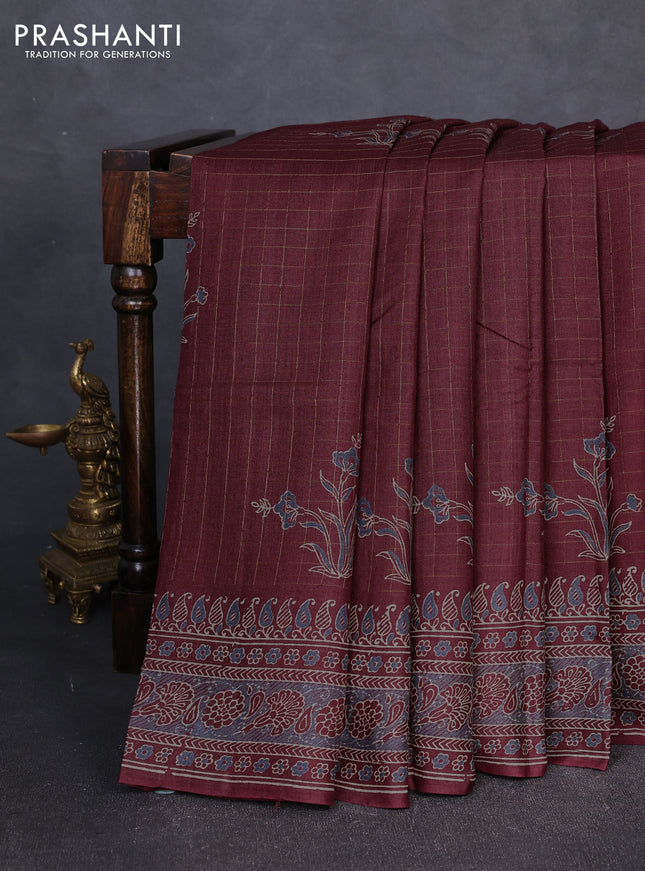 Pure tussar silk saree deep maroon with allover zari checks & butta prints and printed pallu & border