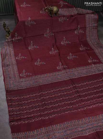 Pure tussar silk saree deep maroon with allover zari checks & butta prints and printed pallu & border