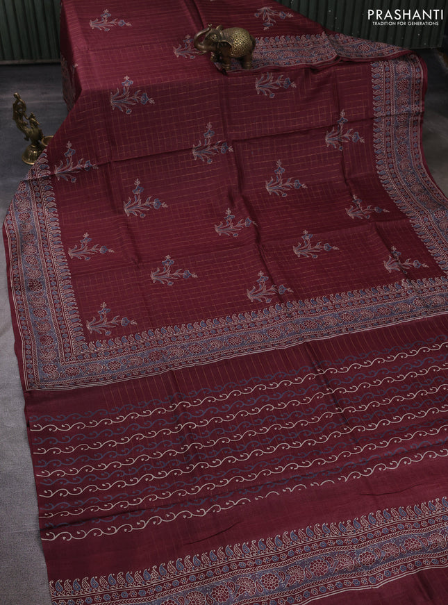 Pure tussar silk saree deep maroon with allover zari checks & butta prints and printed pallu & border