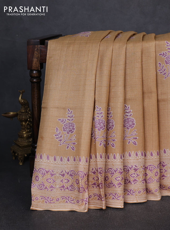 Pure tussar silk saree sandal with allover zari checks & butta prints and printed pallu & border