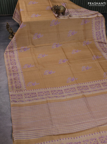 Pure tussar silk saree sandal with allover zari checks & butta prints and printed pallu & border