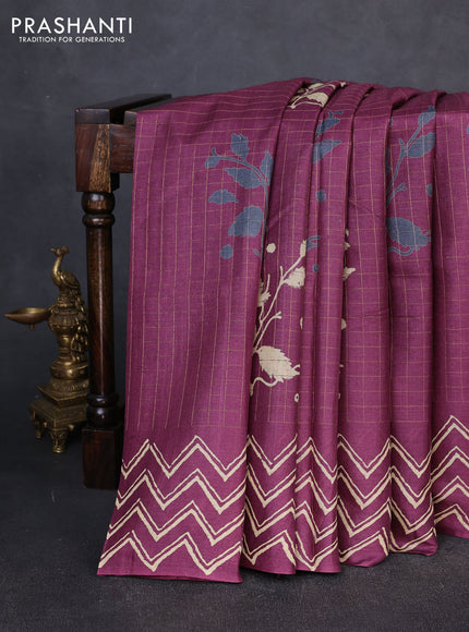 Pure tussar silk saree wine shade with allover zari checks & butta prints and printed pallu & border