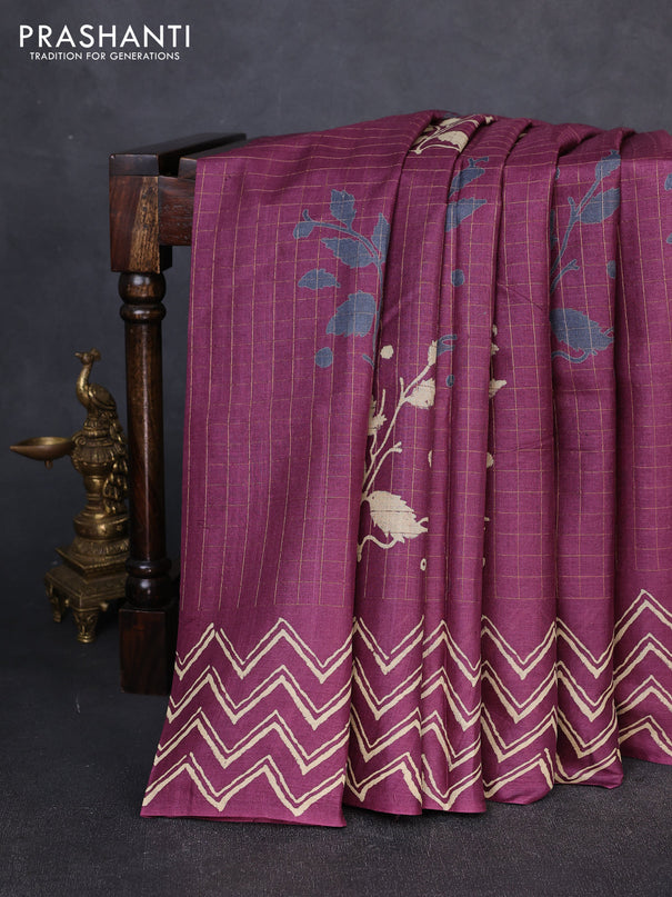 Pure tussar silk saree wine shade with allover zari checks & butta prints and printed pallu & border