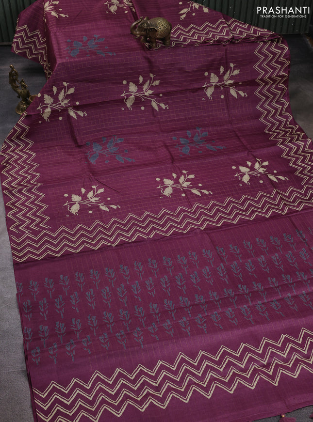 Pure tussar silk saree wine shade with allover zari checks & butta prints and printed pallu & border