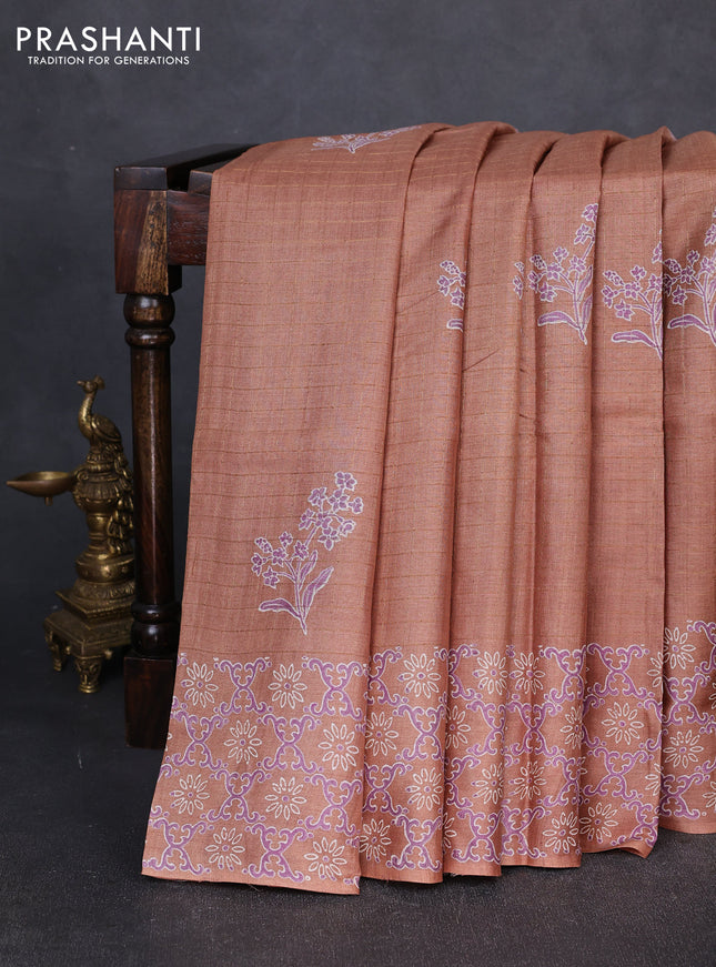 Pure tussar silk saree sandal with allover zari checks & butta prints and printed pallu & border