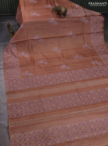 Pure tussar silk saree sandal with allover zari checks & butta prints and printed pallu & border