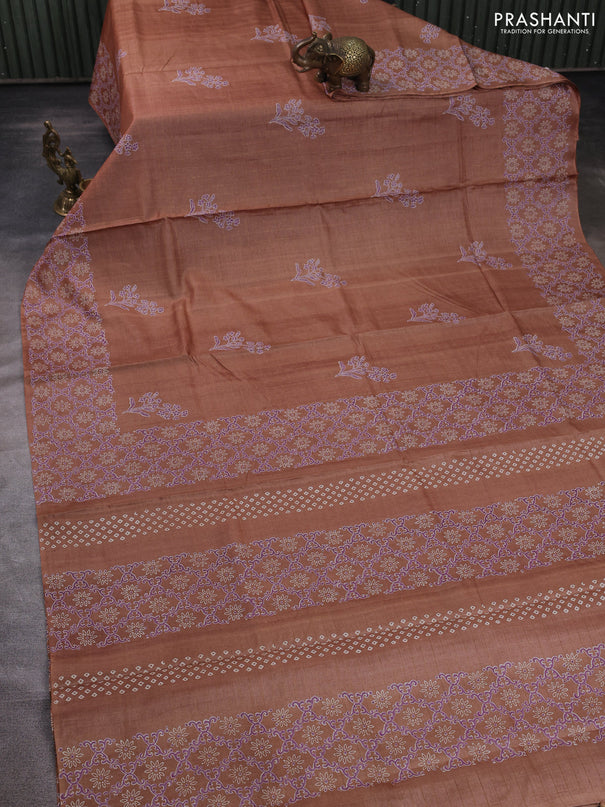 Pure tussar silk saree sandal with allover zari checks & butta prints and printed pallu & border