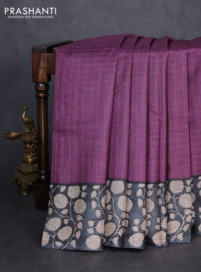 Pure tussar silk saree purple and elephant grey with allover zari checked pattern and block printed pallu & border