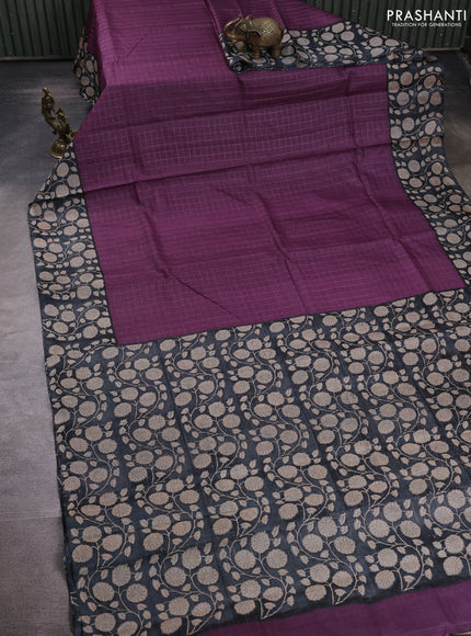 Pure tussar silk saree purple and elephant grey with allover zari checked pattern and block printed pallu & border