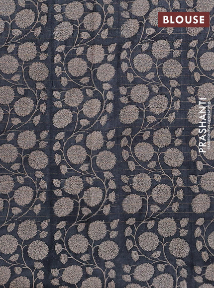Pure tussar silk saree purple and elephant grey with allover zari checked pattern and block printed pallu & border