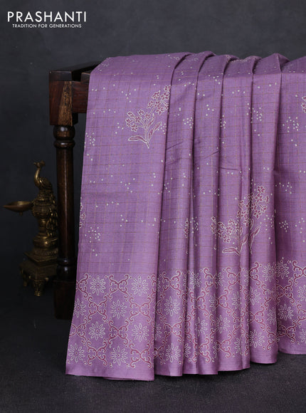 Pure tussar silk saree lilac with allover zari checks & butta prints and printed pallu & border