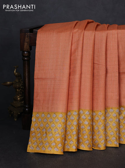 Pure tussar silk saree orange and yellow with allover zari checked pattern and block printed pallu & border